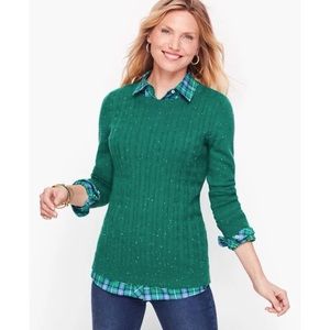 Talbots Green Tweed Button Cuff Cable Knit Crew Neck Pullover Sweater
